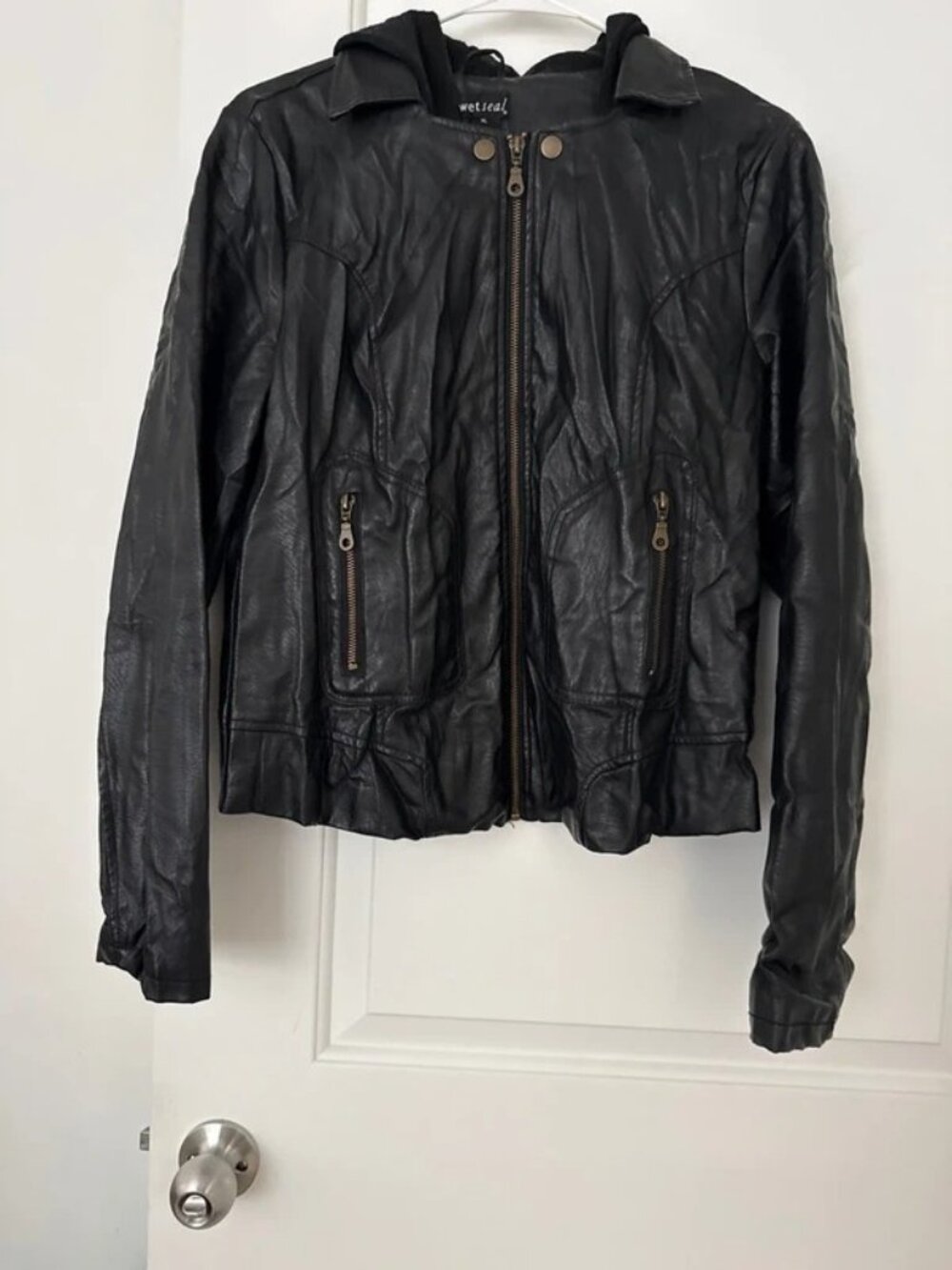 Vintage Black Faux Leather Biker Jacket with Zip Pockets, Women’s XL / US 16-18